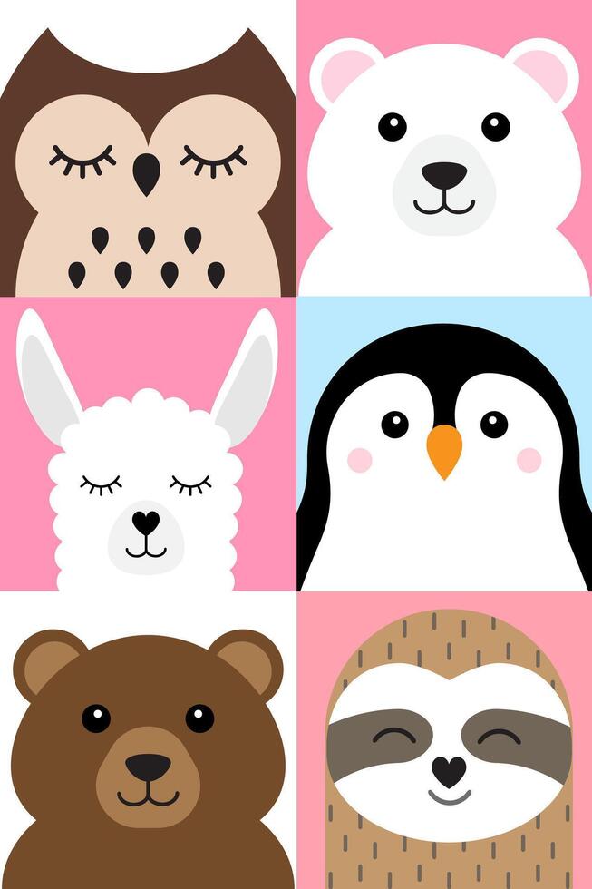 Set of flat different animals face vector