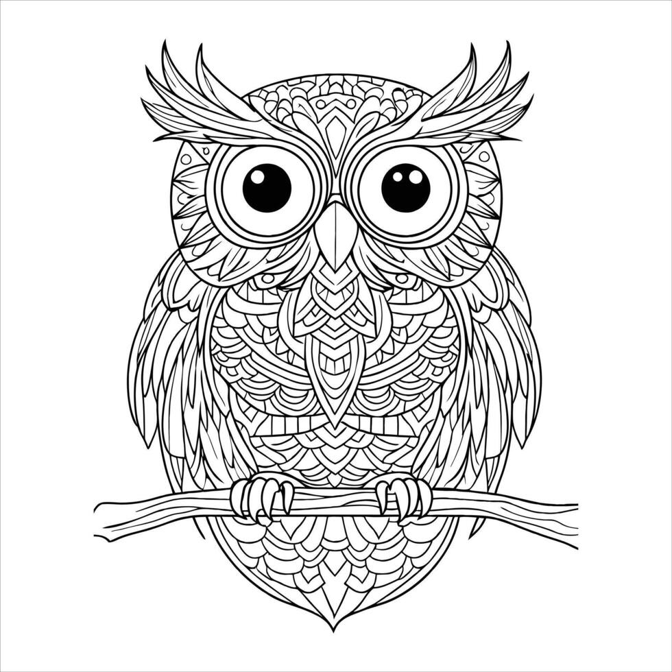 Coloring page for adults. Black and white illustration of an owl vector