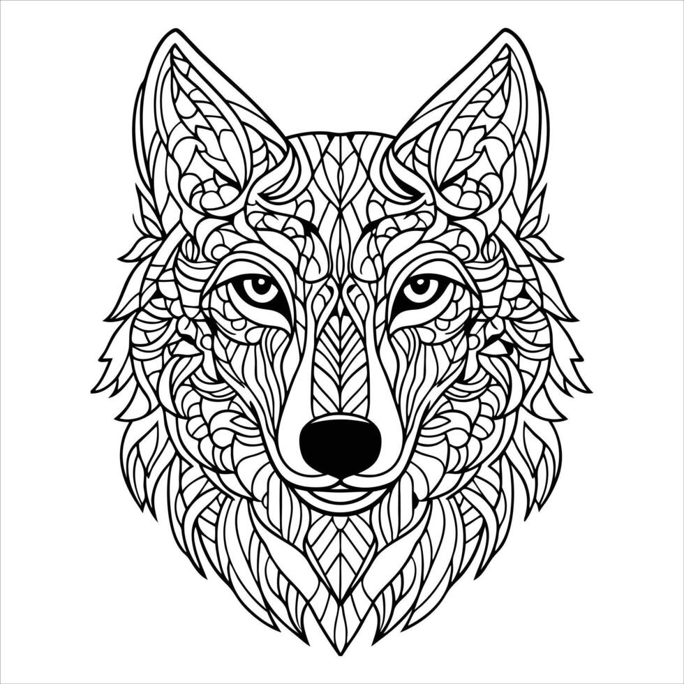 Coloring page for adults, Geometric illustration of Wolf Mandala coloring page outline with intricate patterns. Perfect for relaxation and creativity. vector
