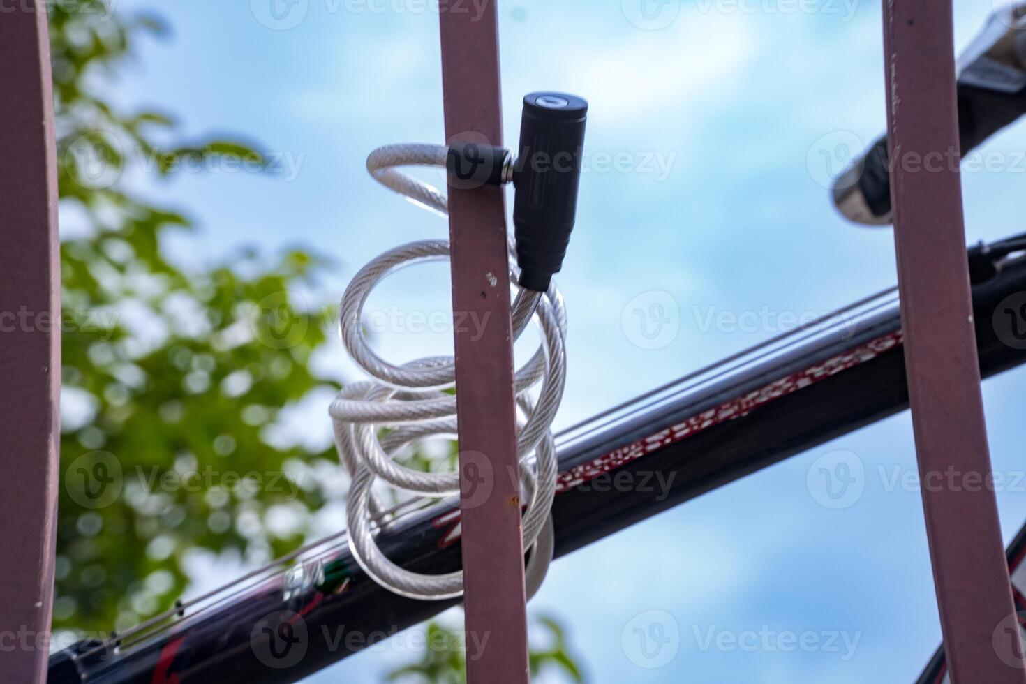 Bike is secured with a bicycle lock. Protection against bicycle theft. Czech photo