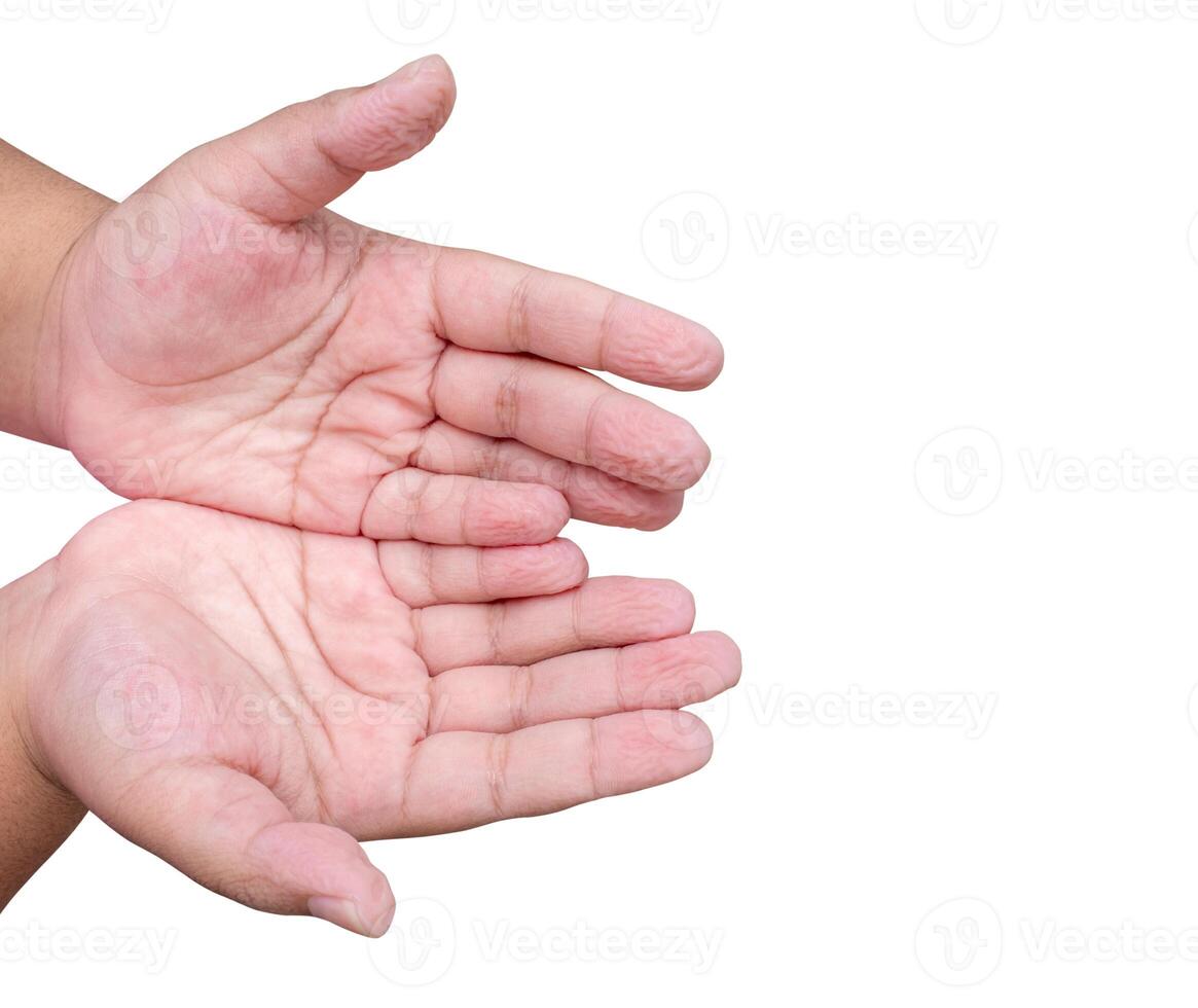 Girl's hands wrinkle pruney fingers after playing in the pool for a long time isolated on white background with clipping path, young female palm wrinkles on fingers photo