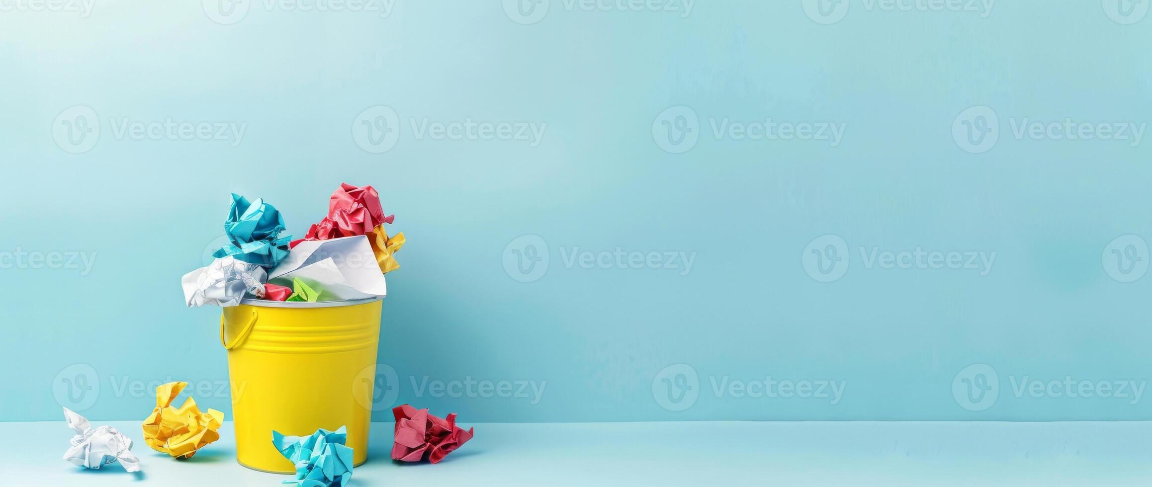 Colorful Trash in Bucket on Blue Background with Copy Space. Paper Bin Full of Crumpled Colorful Papers photo