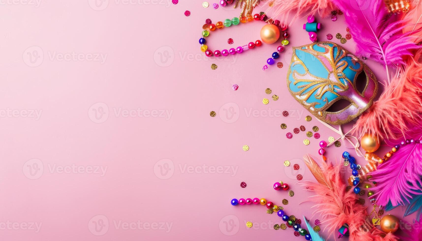 Colorful Carnival Mask and Beads for Festive Celebrations. Background with Masks and Feathers on Pink Banner. Top View photo