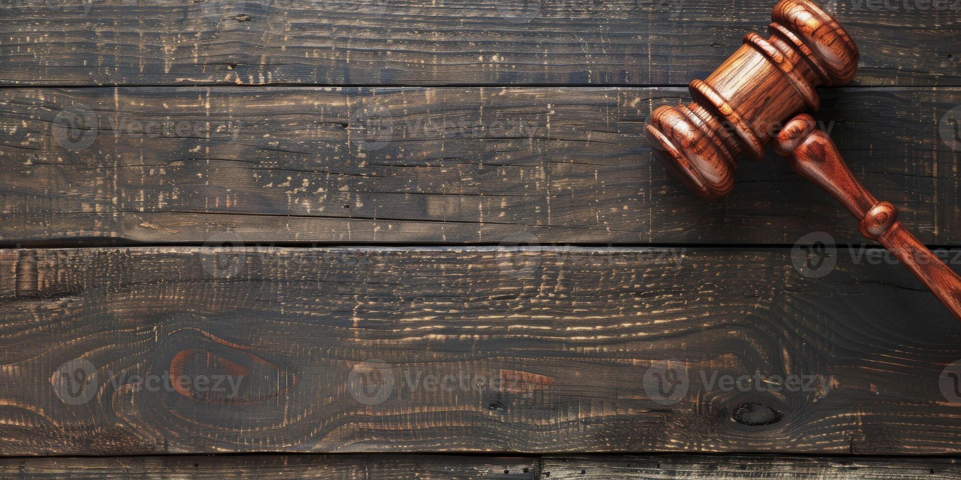 Wooden Gavel on Dark Wooden Background with Copy Space. Justice Concept. Legal System Symbol photo