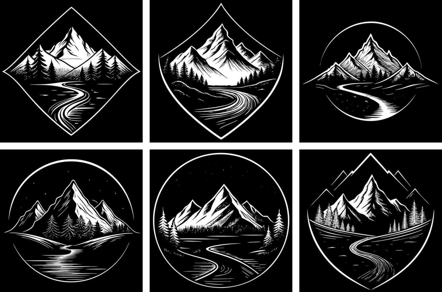 Set of templates with mountains, forest on black background. vector