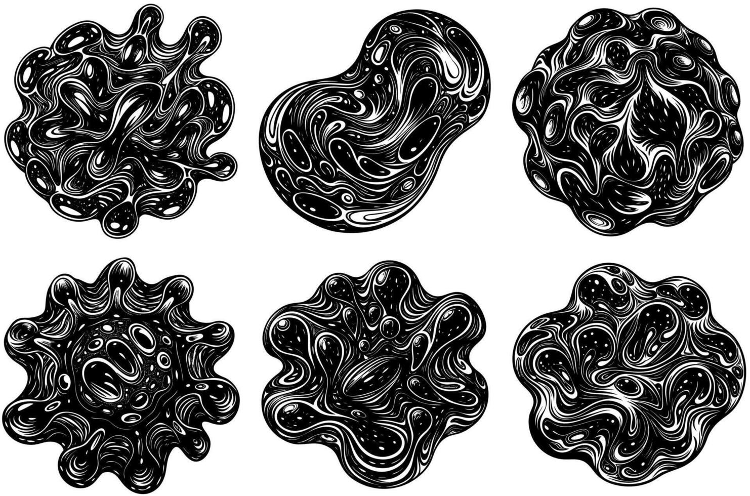 Set of monochrome illustrations with abstract liquid objects vector