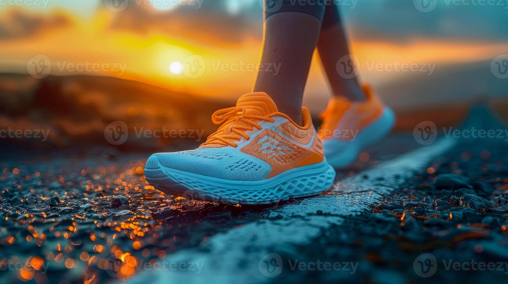 Runner's shoes captured in action on an asphalt road at sunrise, the background glowing with the warm hues of dawn photo