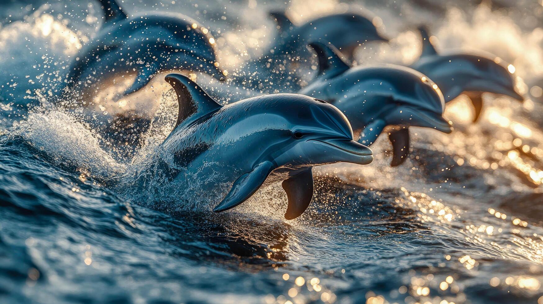 A pod of dolphins joyfully splashing in the ocean waves during a golden sunset photo