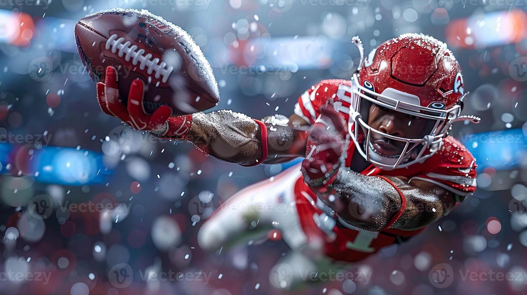 American football player in mid-air catching the ball during a snowy game, action-packed with intense focus photo