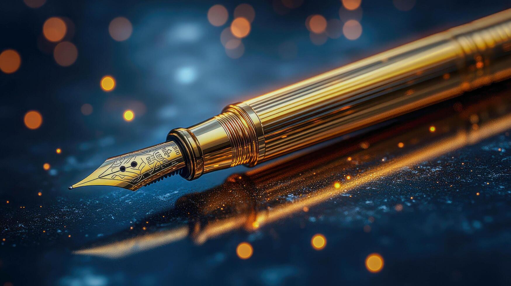 Close-up of a luxurious golden fountain pen tip on a dark, elegant background photo