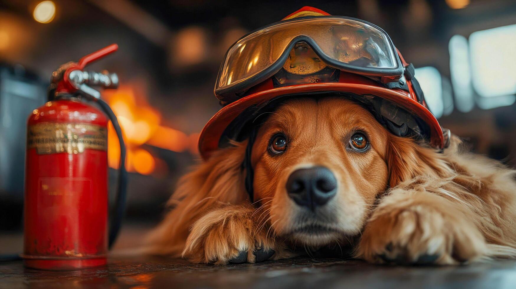 A golden retriever wearing a firefighter helmet rests beside a fire extinguisher in a warm, cozy environment photo