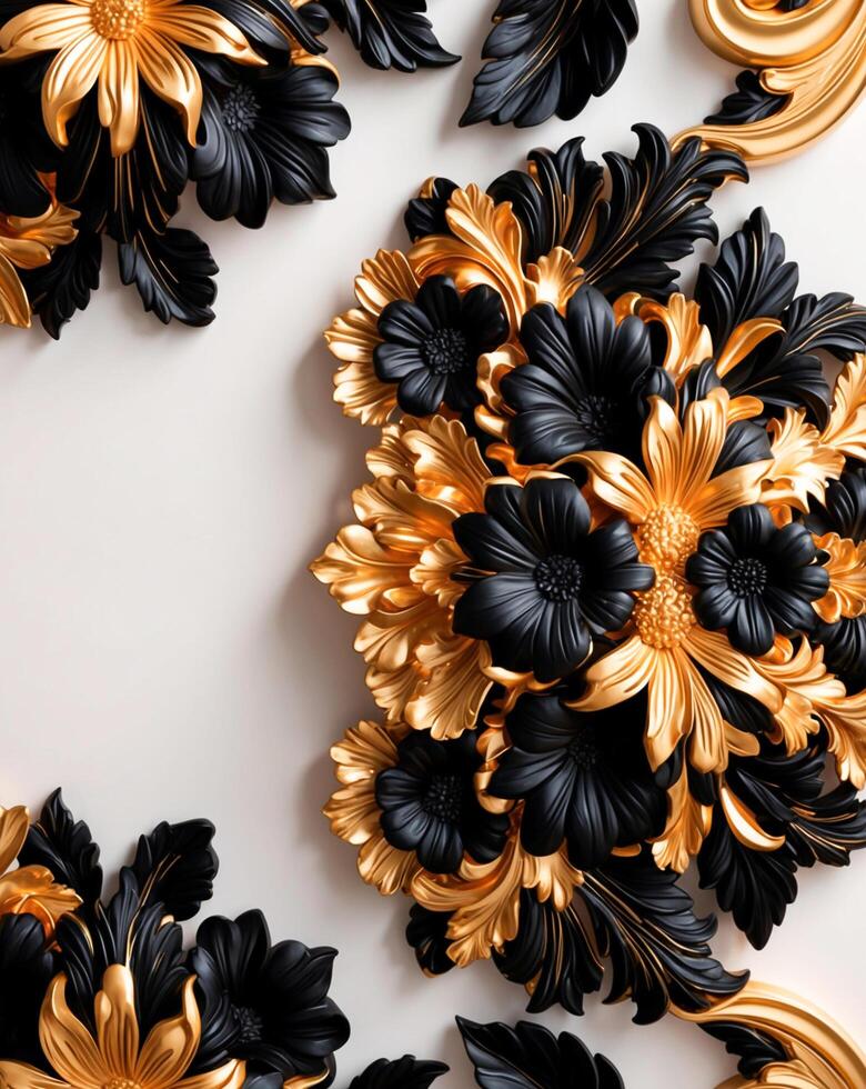 3D luxurious intricated floral frame in black and gold on a white background. Romantic wedding greeting card background. Flower Baroque decorations. AI-Generated photo