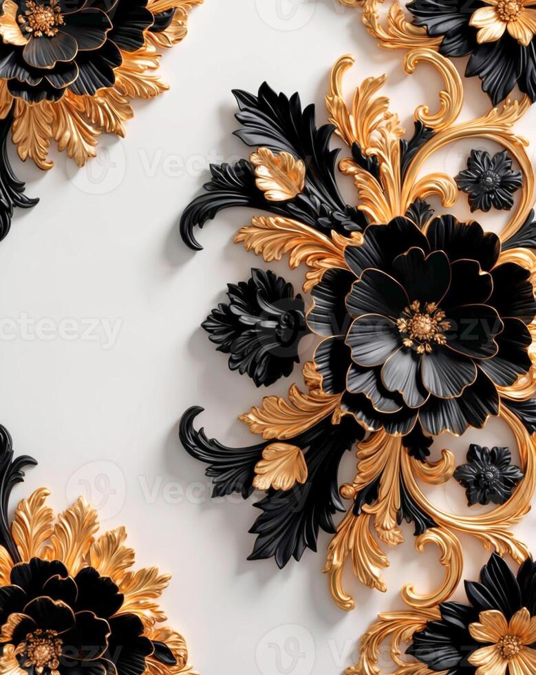 3D luxurious intricated floral frame in black and gold on a white background. Romantic wedding greeting card background. Flower Baroque decorations. AI-Generated photo
