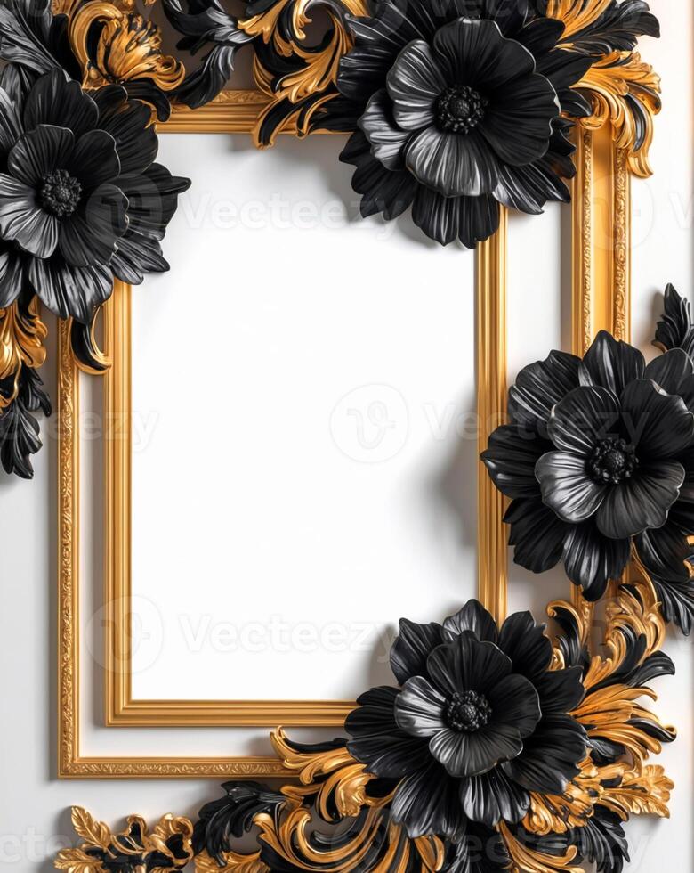 3D luxurious black and gold floral frame with copy space on a white background. Romantic wedding invitation background. Flower Baroque decorations. AI-Generated photo