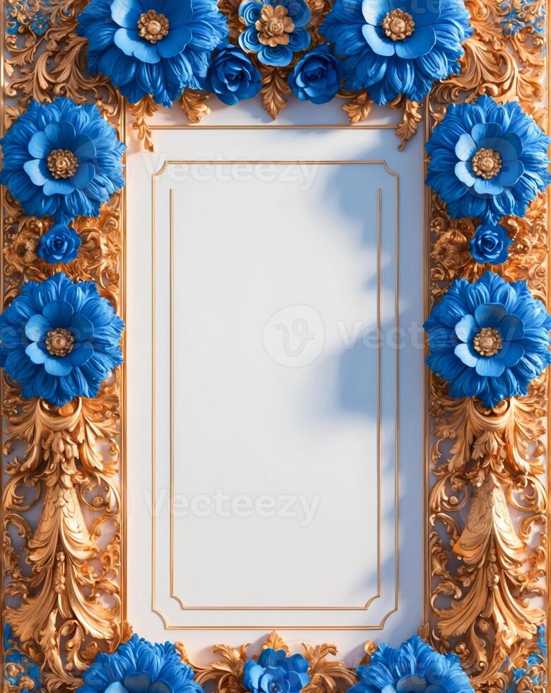 3D luxurious blue and gold floral frame with copy space on a white background. Romantic wedding invitation background. Flower Baroque decorations. AI-Generated photo