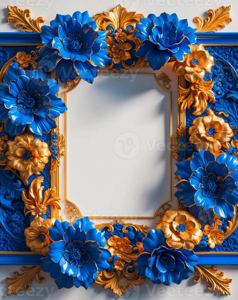 3D luxurious blue and gold floral frame with copy space on a white background. Romantic wedding invitation background. Flower Baroque decorations. AI-Generated photo