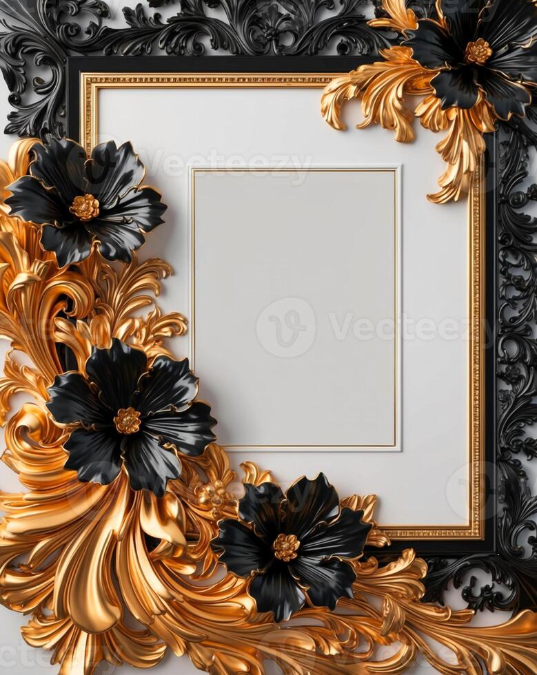 3D luxurious black and gold floral frame with copy space on a white background. Romantic wedding invitation background. Flower Baroque decorations. AI-Generated photo