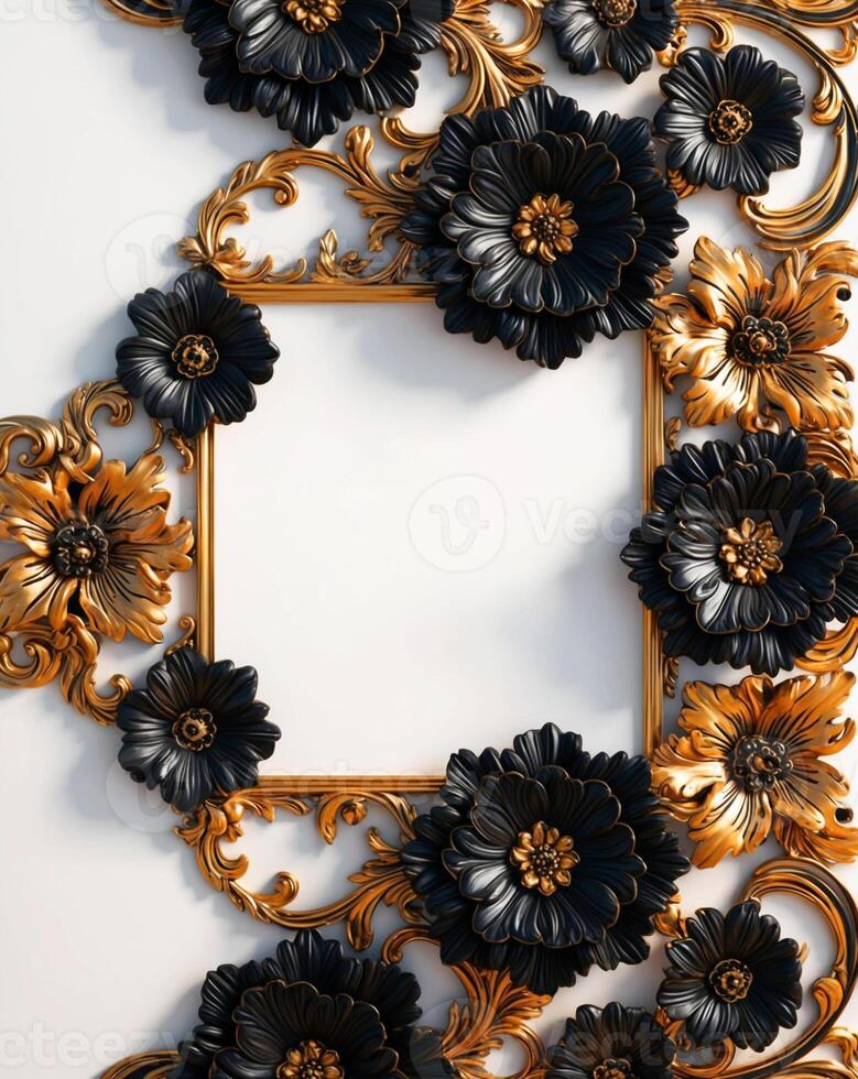 3D luxurious black and gold floral frame with copy space on a white background. Romantic wedding invitation background. Flower Baroque decorations. AI-Generated photo