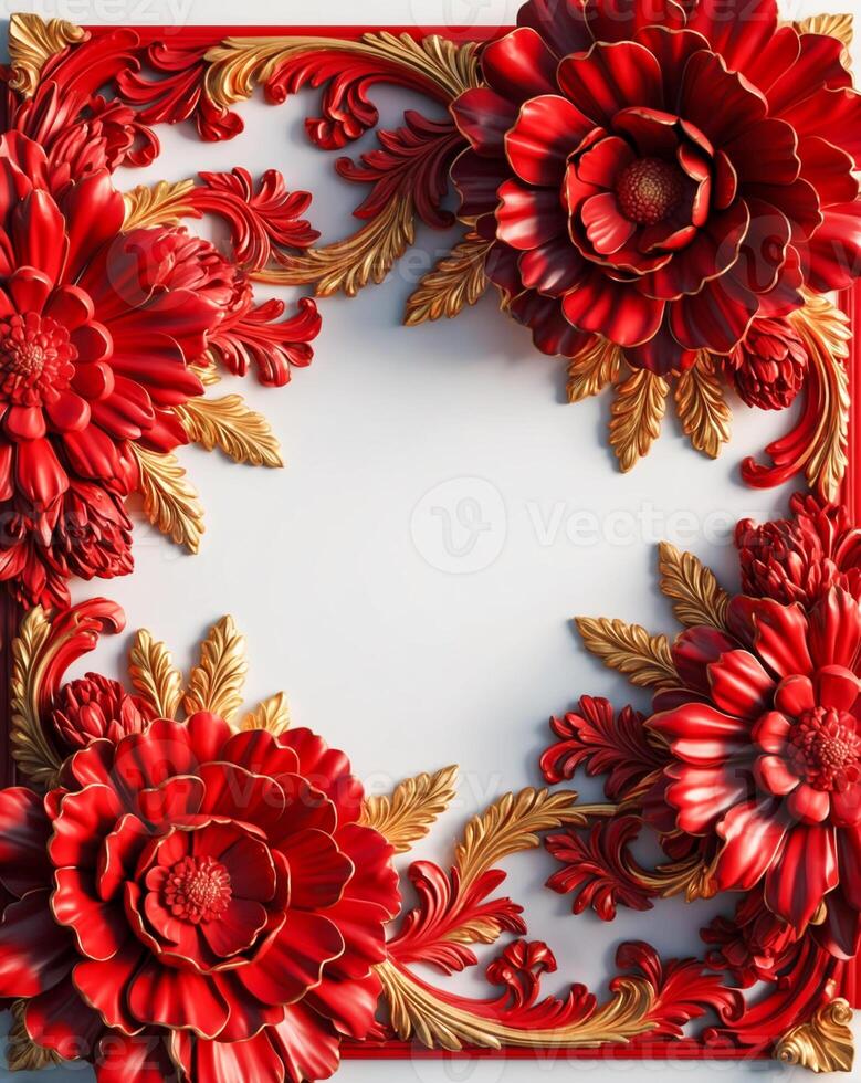 3D luxurious red and gold floral frame with copy space on a white background. Romantic wedding invitation background. Flower Baroque decorations. AI-Generated photo