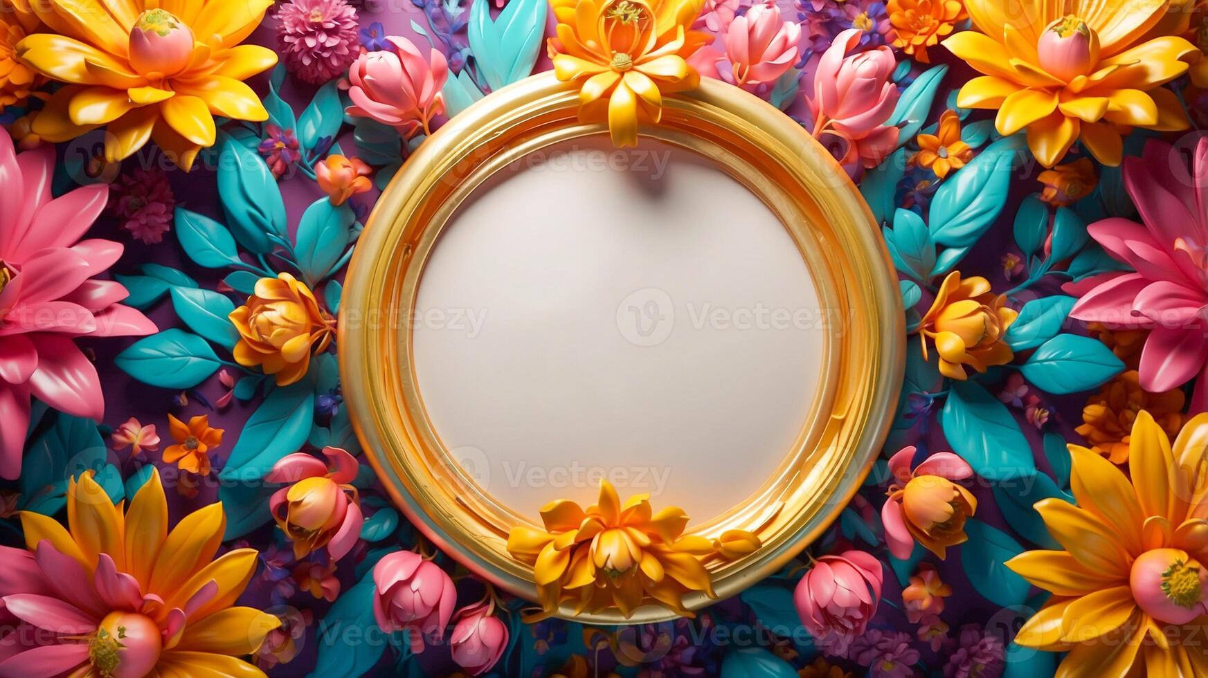 A luxurious circle is in the middle of beautiful, colorful 3d flowers. Romantic wedding invitation background with copy space. Flower frame decorations. AI-Generated photo