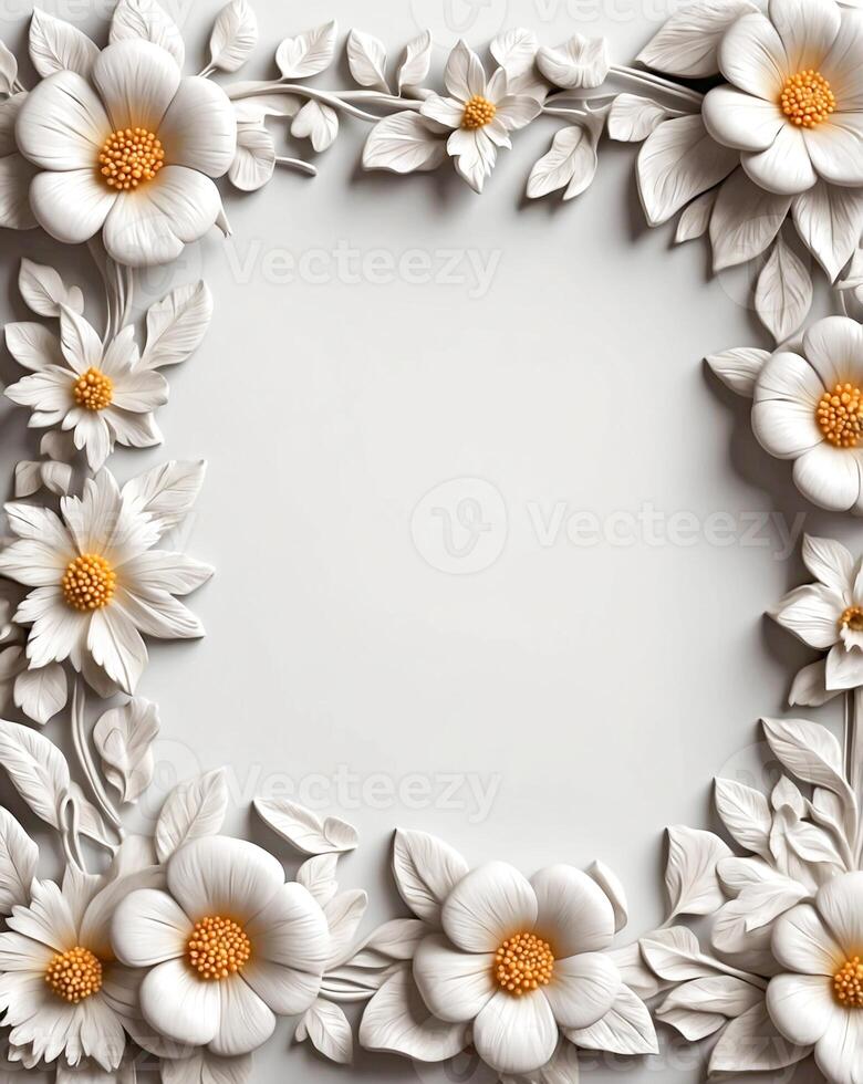 3D white floral frame with copy space. Romantic wedding greeting card background. Flower Baroque decorations. AI-Generated photo