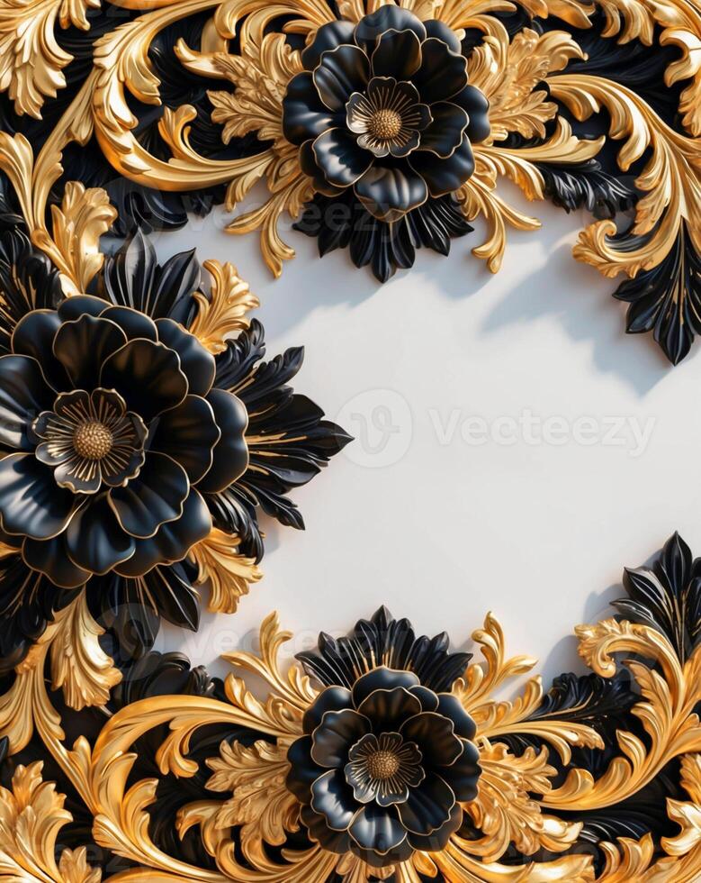 3D luxurious intricated floral frame in black and gold on a white background. Romantic wedding greeting card background. Flower Baroque decorations. AI-Generated photo