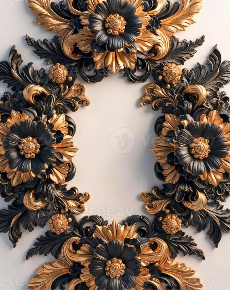 3D luxurious black and gold floral frame with copy space on a white background. Romantic wedding invitation background. Flower Baroque decorations. AI-Generated photo