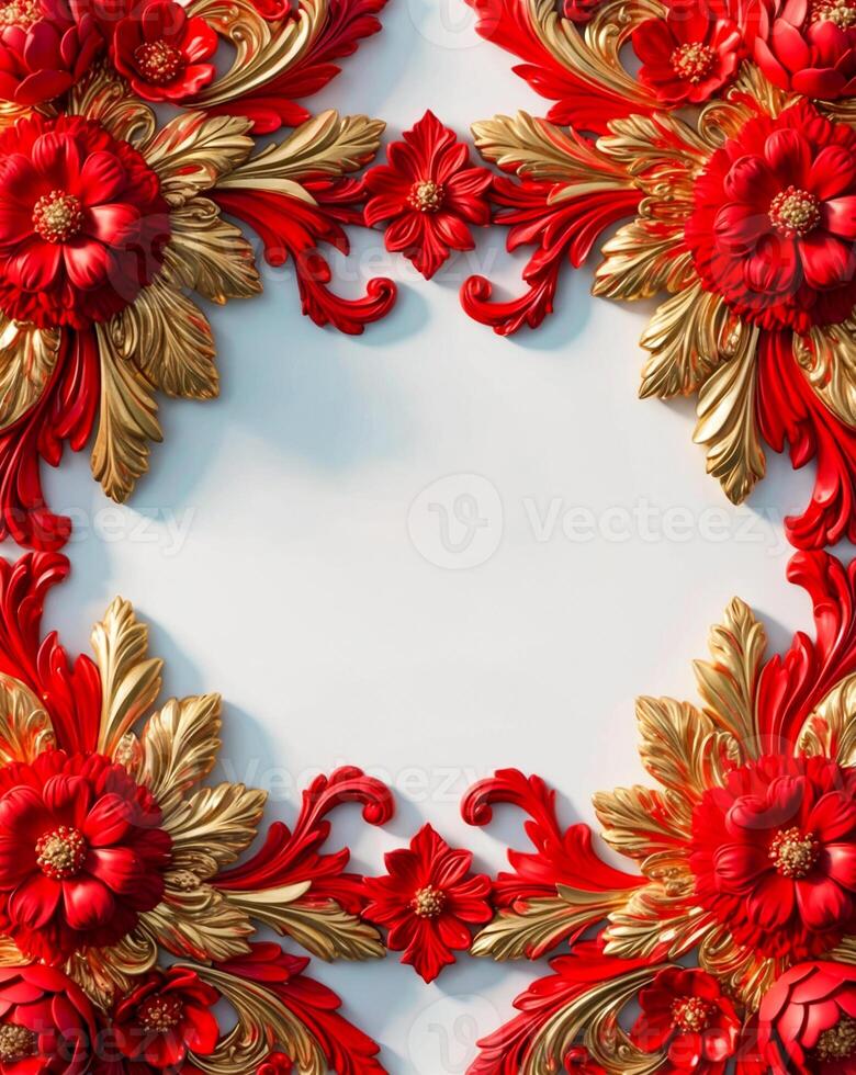 3D luxurious red and gold floral frame with copy space on a white background. Romantic wedding invitation background. Flower Baroque decorations. AI-Generated photo