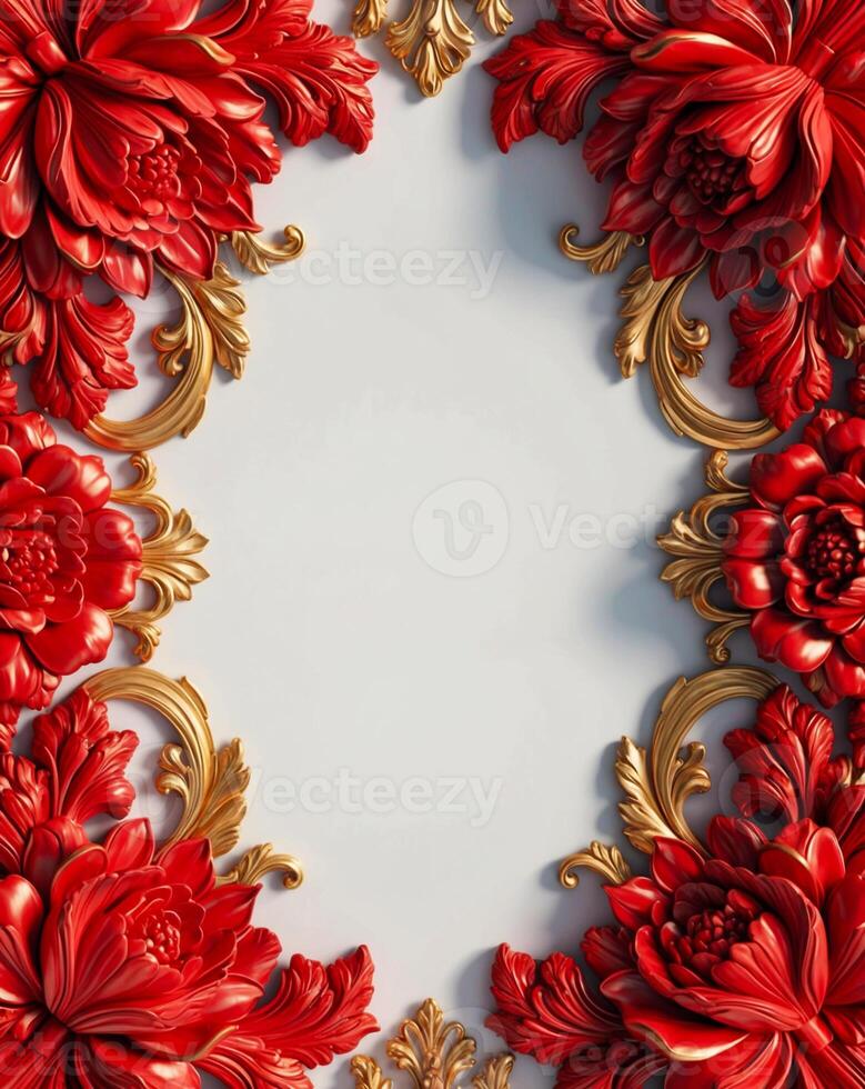 3D luxurious red and gold floral frame with copy space on a white background. Romantic wedding invitation background. Flower Baroque decorations. AI-Generated photo