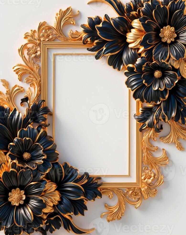 3D luxurious black and gold floral frame with copy space on a white background. Romantic wedding invitation background. Flower Baroque decorations. AI-Generated photo