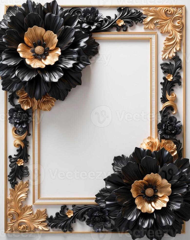 3D luxurious black and gold floral frame with copy space on a white background. Romantic wedding invitation background. Flower Baroque decorations. AI-Generated photo