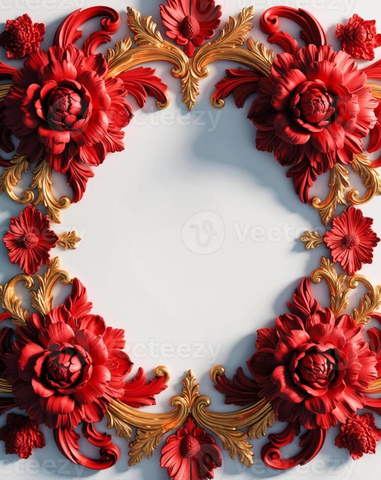 3D luxurious red and gold floral frame with copy space on a white background. Romantic wedding invitation background. Flower Baroque decorations. AI-Generated photo