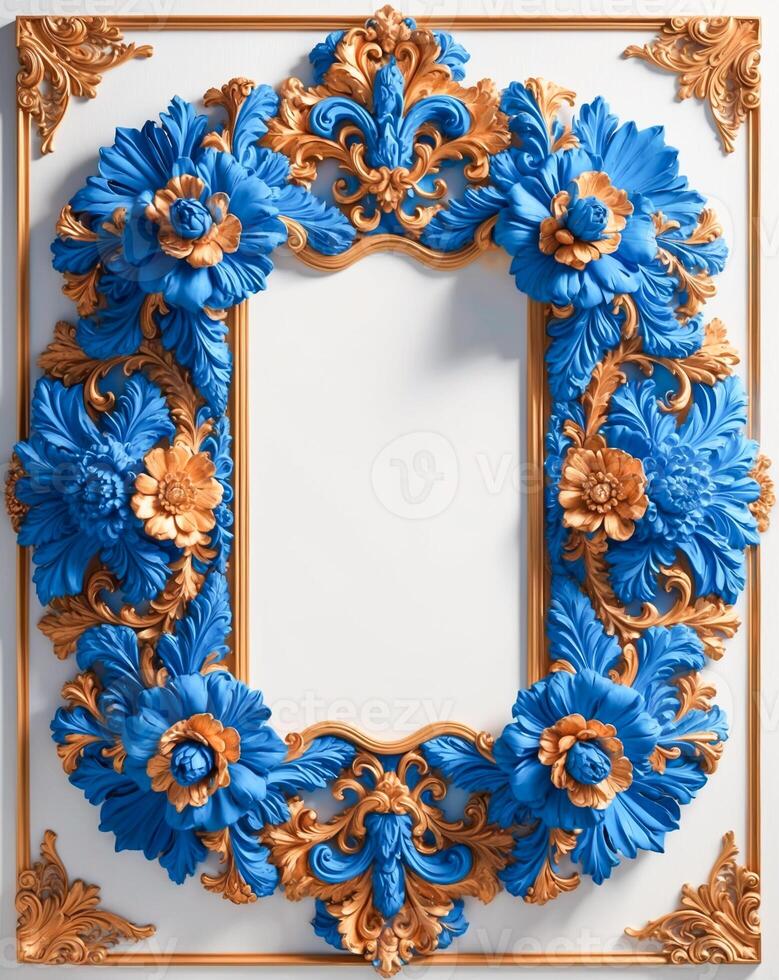 3D luxurious blue and gold floral frame with copy space on a white background. Romantic wedding invitation background. Flower Baroque decorations. AI-Generated photo
