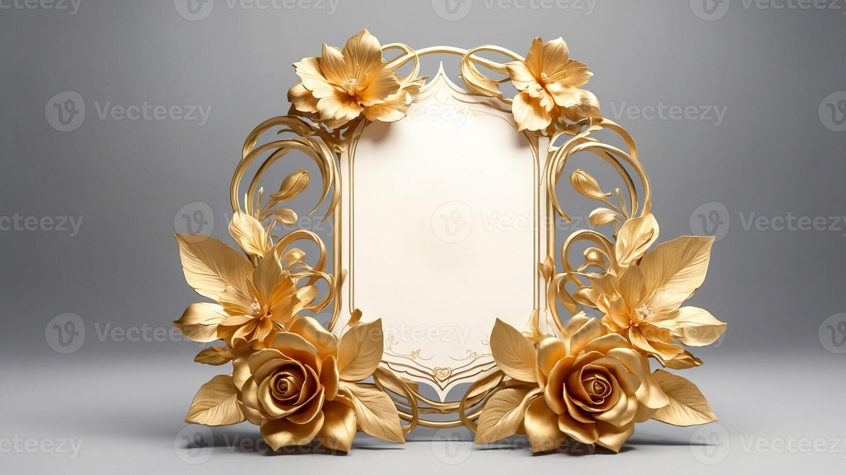 3D luxurious vintage frame. Antique wedding invitation background with copy space. Golden floral baroque decorations. AI-Generated photo