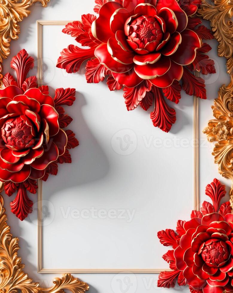 3D luxurious red and gold floral frame with copy space on a white background. Romantic wedding invitation background. Flower Baroque decorations. AI-Generated photo
