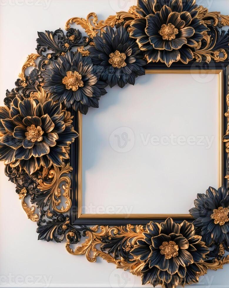 3D luxurious black and gold floral frame with copy space on a white background. Romantic wedding invitation background. Flower Baroque decorations. AI-Generated photo