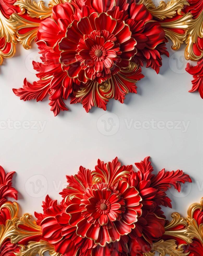 3D luxurious intricated floral frame in red and gold on a white background. Romantic wedding greeting card background. Flower Baroque decorations. AI-Generated photo