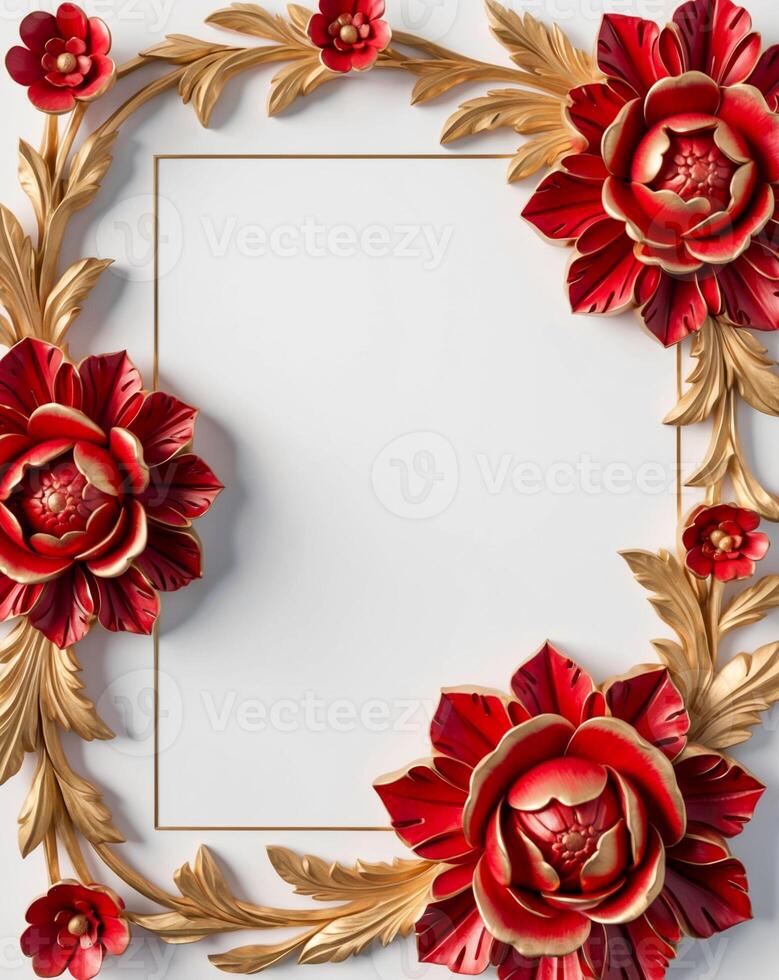 3D luxurious red and gold floral frame with copy space on a white background. Romantic wedding invitation background. Flower Baroque decorations. AI-Generated photo