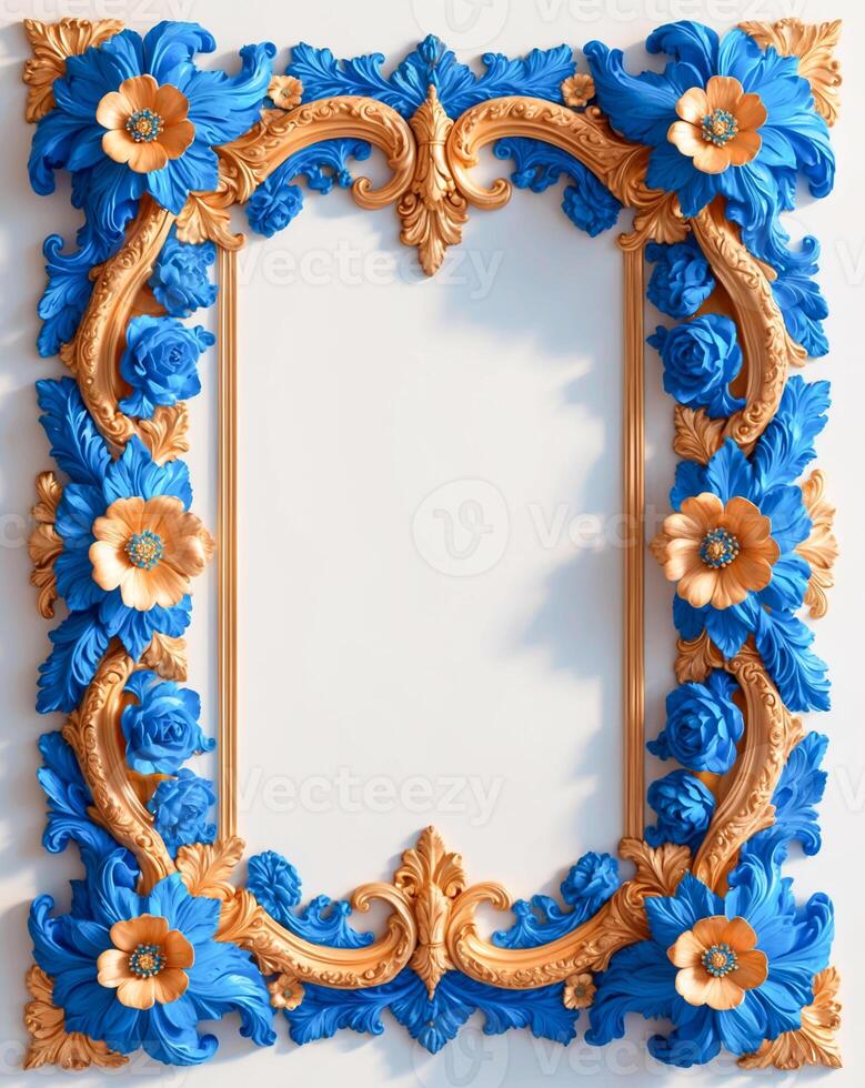 3D luxurious blue and gold floral frame with copy space on a white background. Romantic wedding invitation background. Flower Baroque decorations. AI-Generated photo