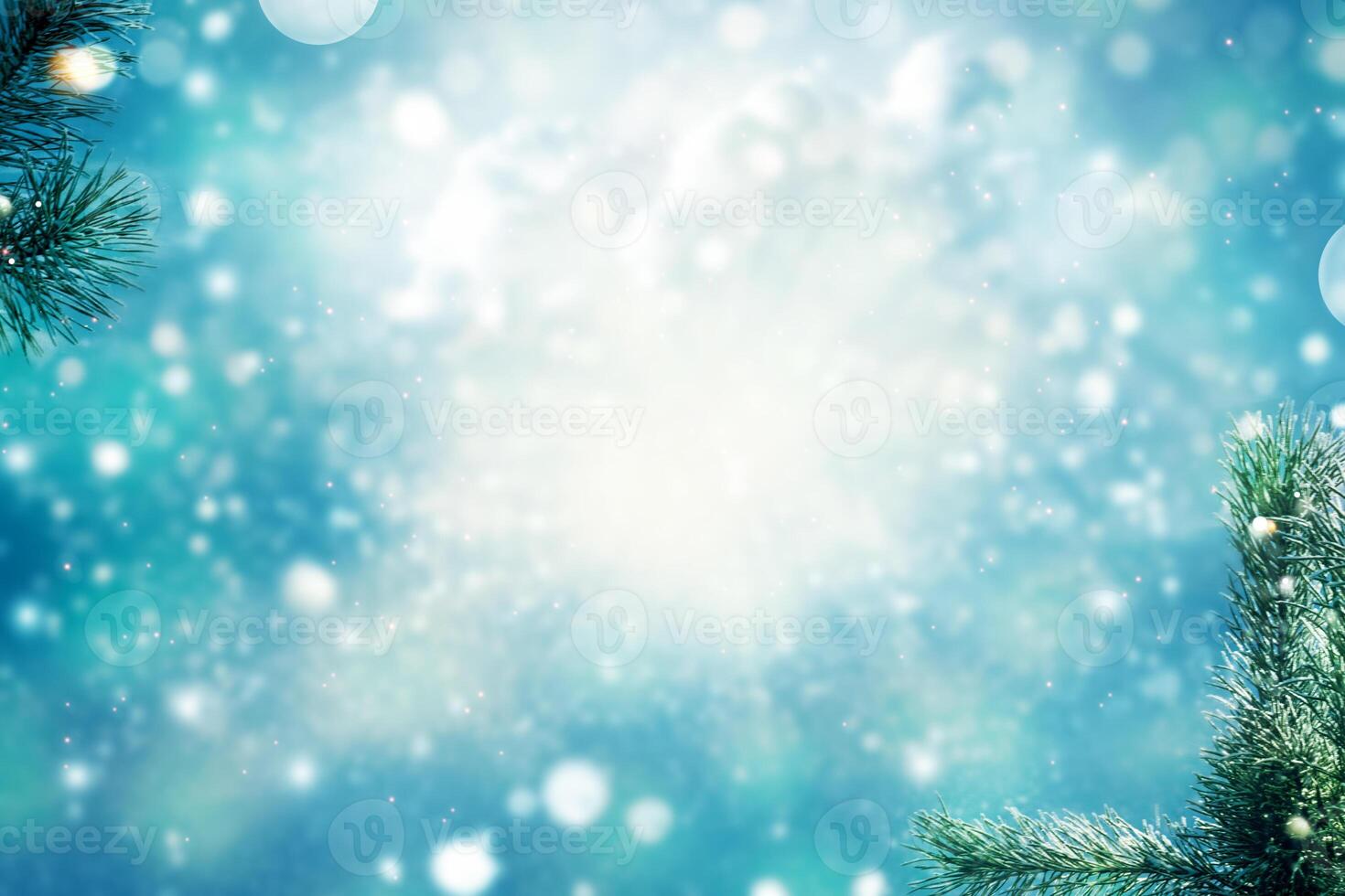 Blurred. Christmas tree. Coniferous spruce branch. Frozen winter forest with snow covered trees. photo