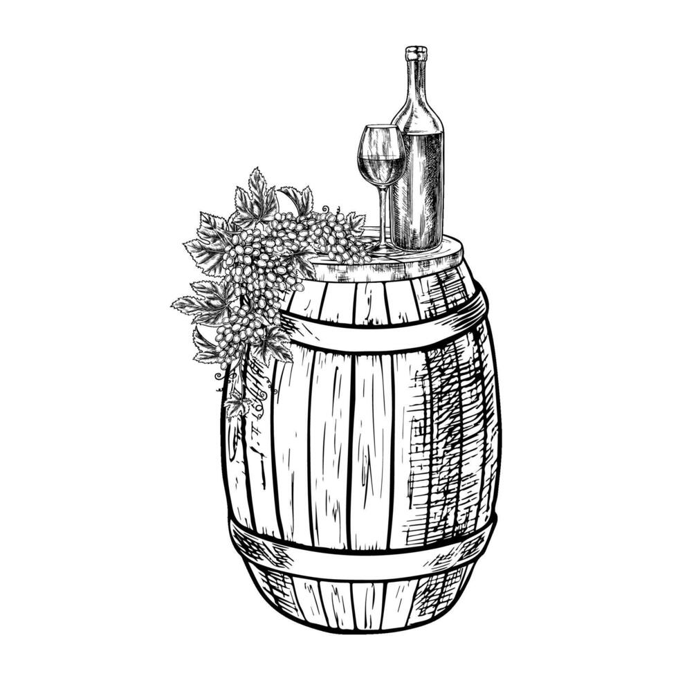 Wine still life. A bottle, a glass and a bunch of grapes on a wooden barrel. Vintage hand-made engraving. Black and white illustration. An element of the design of label, package, menu, banner. vector