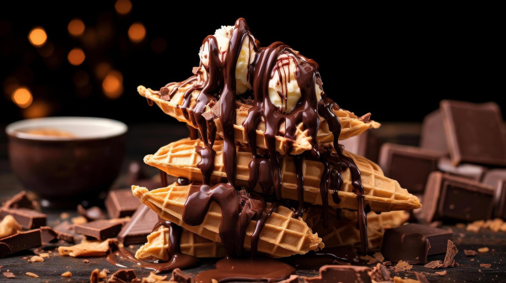 Dripping melted chocolate over stack of waffle cones photo