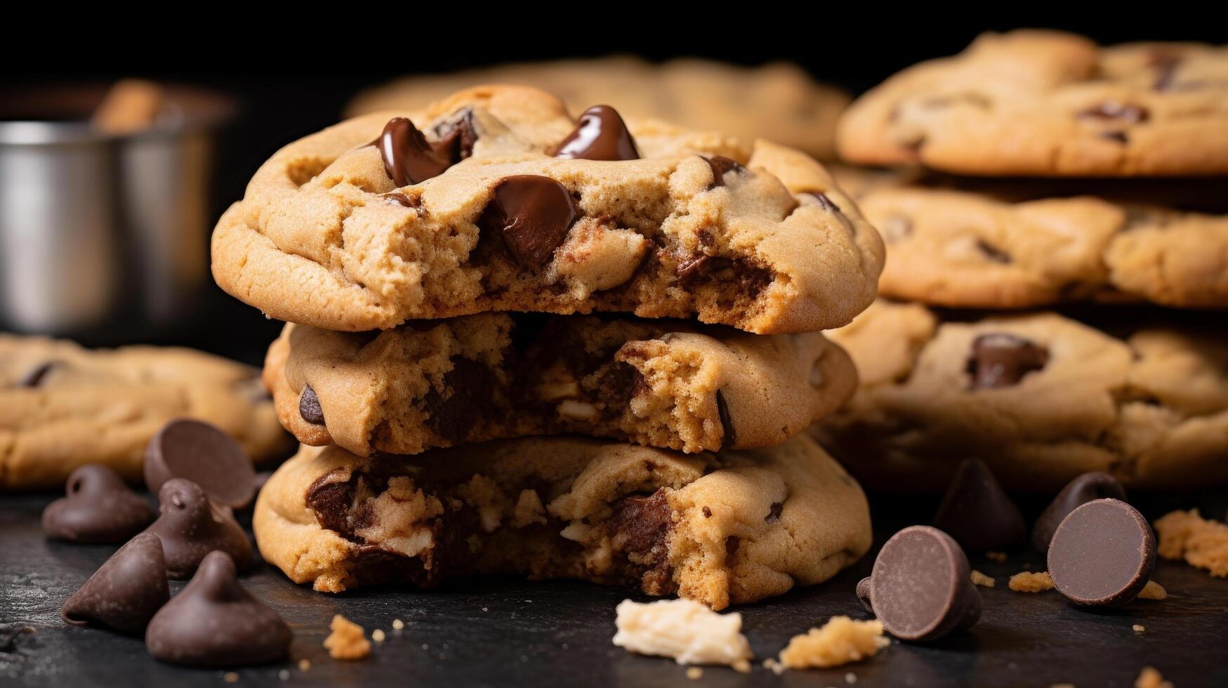 Chocolate chip cookies with single bite photo