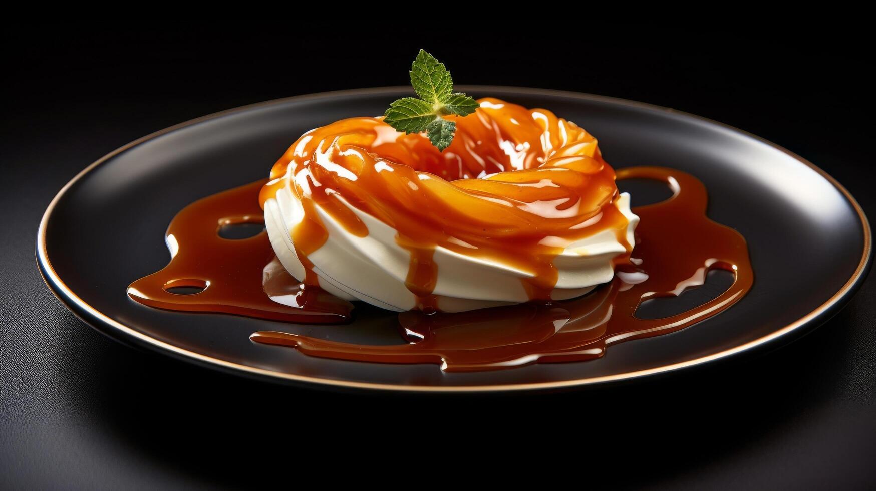 Caramel sauce swirl on dessert plate photo