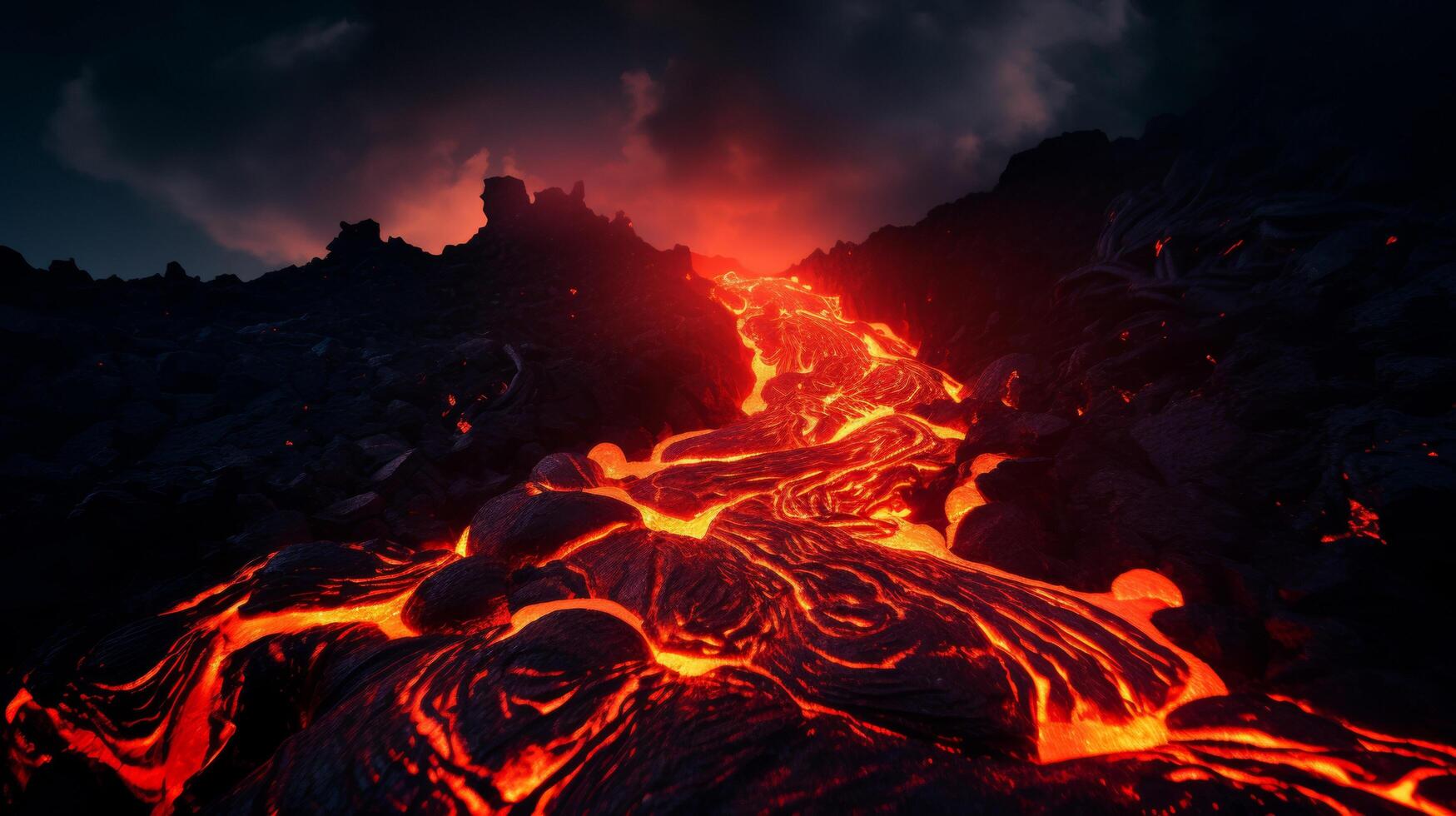 Volcanic eruption long exposure lava flow photo