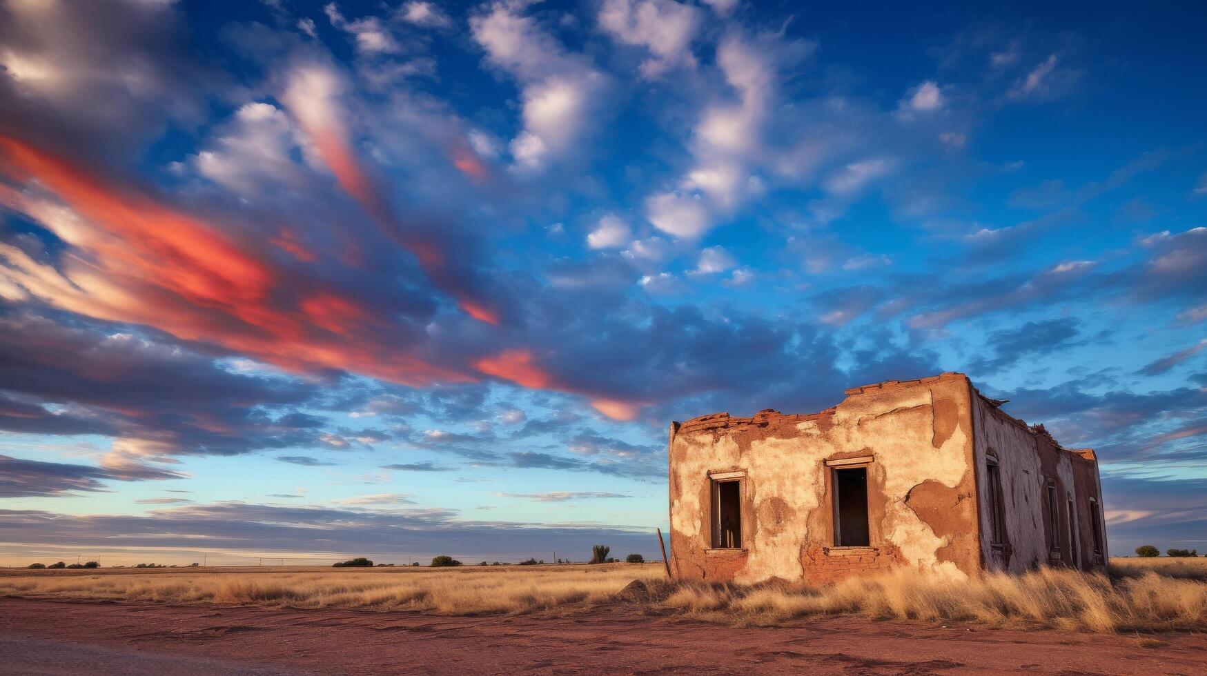 Rustic adobe house with vibrant sky backdrop photo