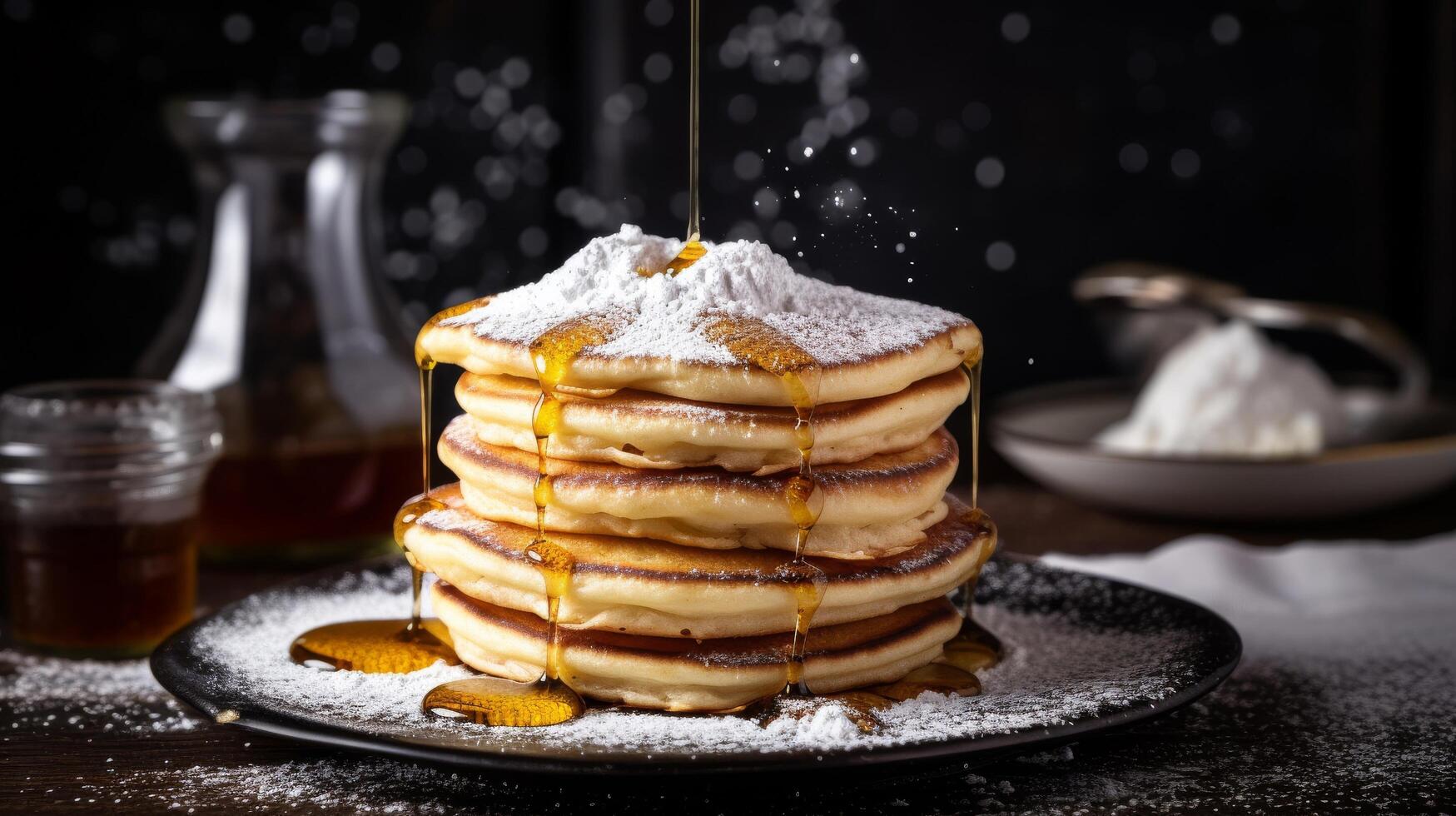 Stack of pancakes with syrup and powdered sugar photo