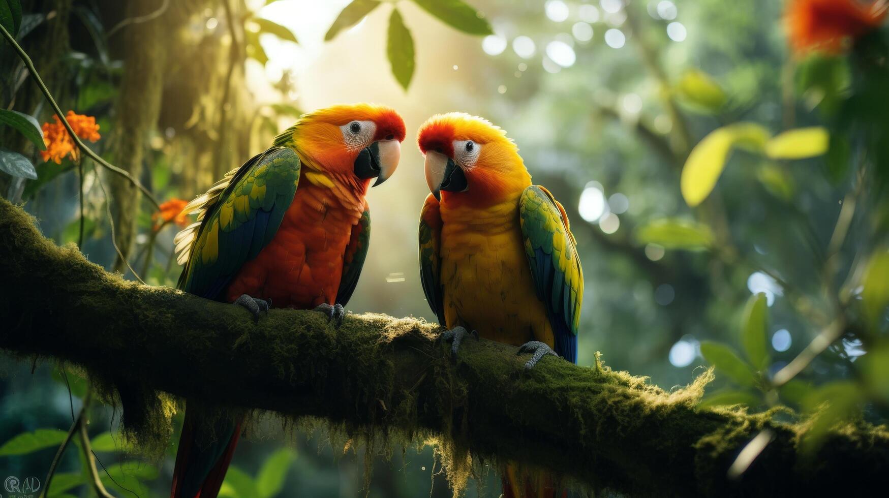 Parrots playing lush jungle backdrop photo