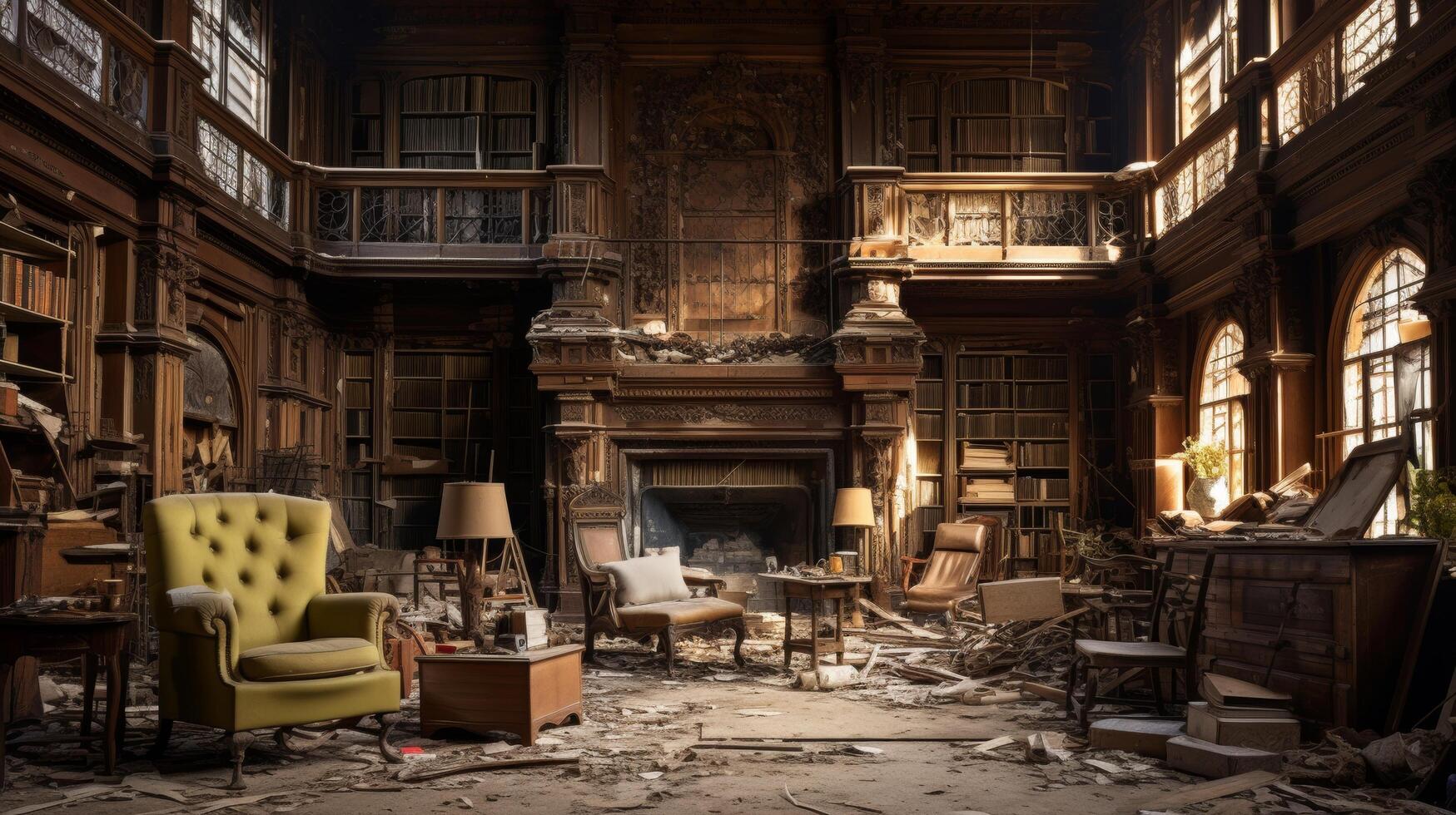 Interior of abandoned Victorian era library photo