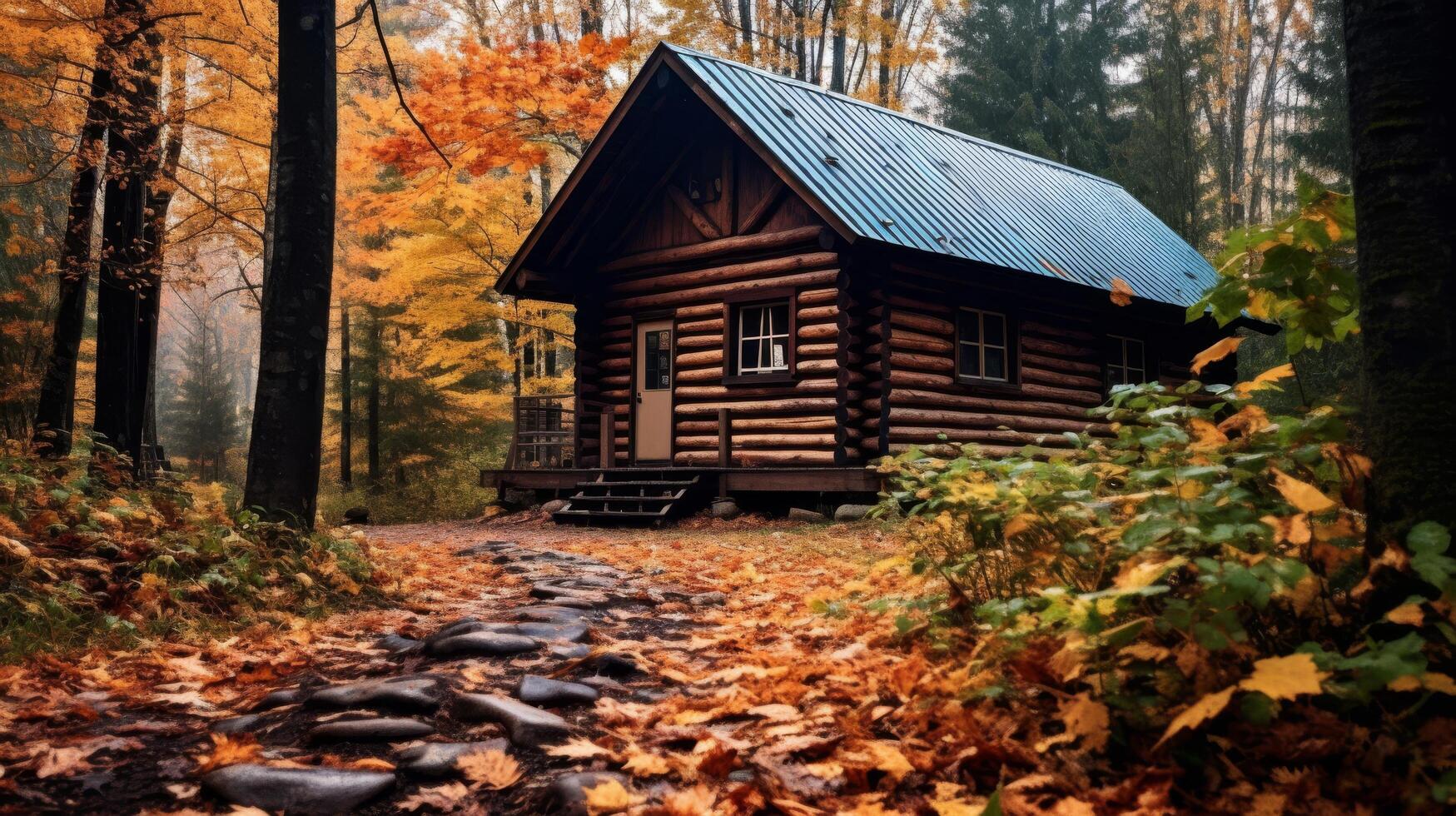 Rustic log cabin surrounded by autumn foliage photo